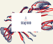 Seafood Banner Set. Hand Drawn Lobster. Vector Restaurant Menu. Marine Food Banner, Flyer Design. Engraved Isolated Art. Delicious Cuisine Objects. Use For Promotion, Market, Store Banner.
