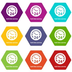 Poster - Full time service icons 9 set coloful isolated on white for web