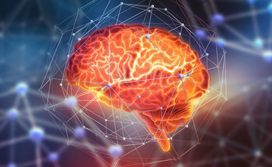 Human brain. Neural networks and artificial intelligence. Creating a computer mind. 3D illustration of the application of innovation in science