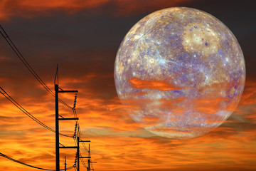 Wall Mural - Mar back on night cloud sunset sky silhouette power elecrtic pillar ,concept Mar near Earth