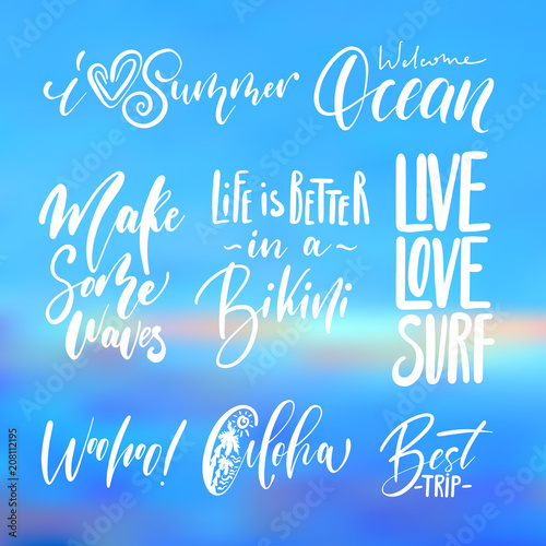 Handwritten Lettering Summer Holidays And Vacation Quotes Set On Abstract Blurry Sky Sea Water Texture Stock Vector Adobe Stock