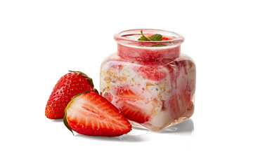 Wall Mural - Yogurt and strawberries dessert in jar on white