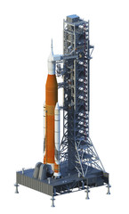 Wall Mural - space launch system on launchpad over white background