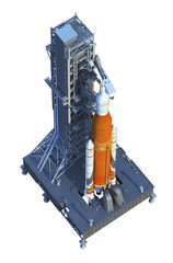 Poster - Space Launch System With Launchpad Over White Background