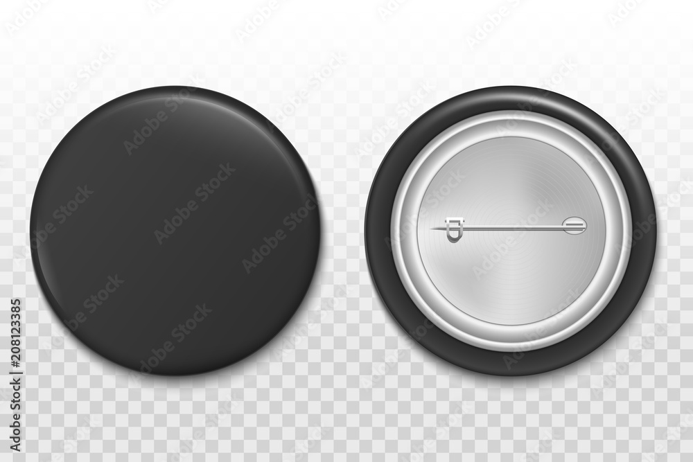 Creative vector illustration of 3d pin button isolated on transparent background. Front and back side. Art design blank badge brooch mockup template. Abstract graphic element with place for your text - obrazy, fototapety, plakaty 