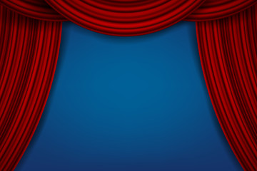 Creative vector illustration of stage with luxury scarlet red silk velvet drapes and fabric curtains isolated on background. Art design. Concept element for music party, theater, circus, opera, show