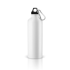 Wall Mural - Vector realistic 3d white empty glossy metal water bottle with black bung closeup isolated on white background. Design template of packaging mockup for graphics. Front view