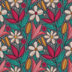 Wall Mural - decorative floral seamless pattern. hand drawn colorful stylized doodle background. botanical vector