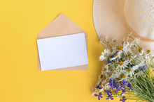 Mockup White Greeting Card And Envelope With Summer Hat