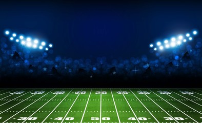 American football arena field with bright stadium lights design. Vector illumination