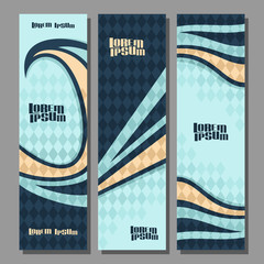 Vector vertical futuristic Banners, 3 layouts for design templates with rhombus abstract pattern and copy space for advertising text, mockup with blue background of bavarian flag for presentation.