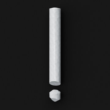 White blackboard chalks assembled like pointing or punctuation mark of exclamation mark or mathematical operation symbol factorial,on rough blackboard, 3D rendered