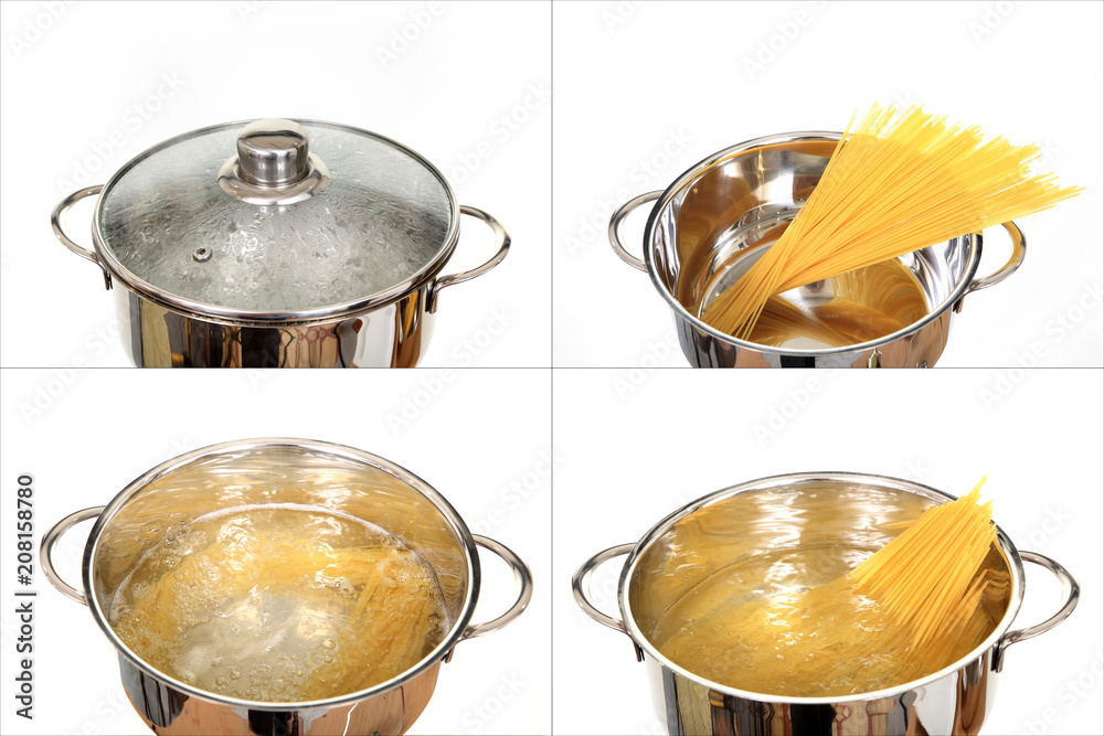 Gotowanie makaronu spagetti zestaw czterech zdjęć. - obrazy, fototapety, plakaty 
