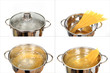 Gotowanie makaronu spagetti zestaw czterech zdjęć.