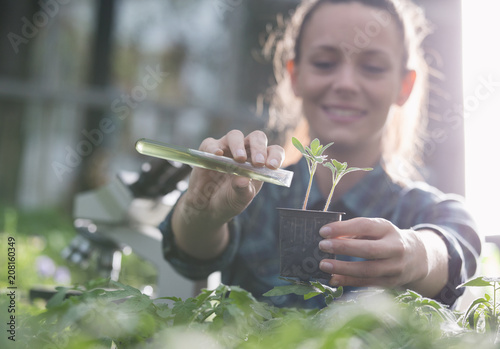 Fotomural Farmer woman pouring chemicals in seedling