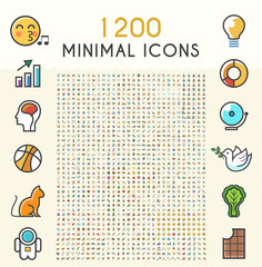 Poster - Set of 1200 Minimalistic Solid Line Coloured Network Icons . Isolated Vector Elements