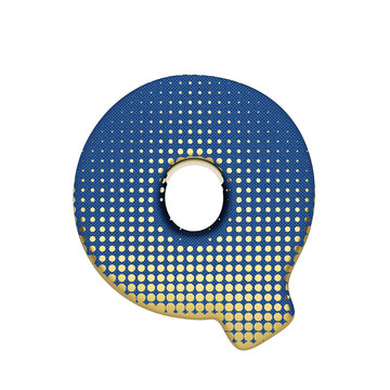 Alphabet letter Q uppercase. Gold halftone font made of blue jean texture. 3D render isolated on white background.