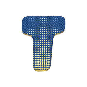 Alphabet letter T uppercase. Gold halftone font made of blue jean texture. 3D render isolated on white background.