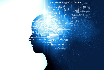 silhouette of virtual human on handwritten equations 3d illustration
