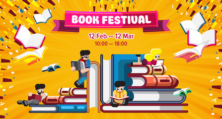 Wall Mural - Design of bright banner promotion Book Festival with book stacks and small character on orange background