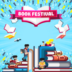 Wall Mural - Creative layout of small character reading on stacks of books on blue background with banner Book Festival