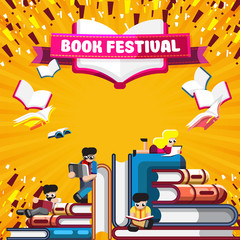 Wall Mural - Colorful stacks of books with people reading on orange poster with banner promoting Book Festival