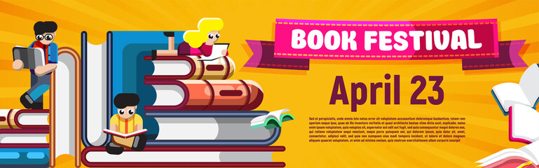 Wall Mural - Stylish bright poster with people reading books on orange background and banner saying Book Festival with date