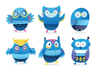 Wall Mural - Owls. Cute birds vector character set isolated on white