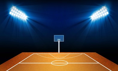 Wall Mural - Basketball arena field with bright stadium lights design. Vector illumination