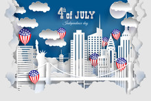 The US Independence Day. New York City Concept, Paper Art City On Back With Buildings, Statue Of Liberty, Bridge, Clouds, Balloons . Origami And Travel Concept, Vector Art Illustration.