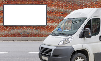 Billboard banner and white commercial transportation and delivery van isolated on white