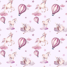Watercolor Seamless Pattern With Flying Unicorn, Clouds, Stars. Baby Girl Style Wallpaper Design. Hand Drawn Fairy Tale Repeating Background