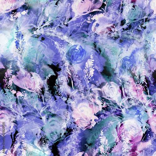 Watercolor Vintage Seamless Pattern Floral Pattern Blue Pink Purple Roses Buds Plants Flowers Grass In Floral Background Stock Illustration Adobe Stock