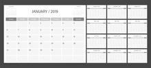 Calendar 2019 Week Start On Sunday Corporate Design Planner Template. Black And White.