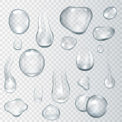 Wall Mural - Realistic shining water drops and drips vector illustration