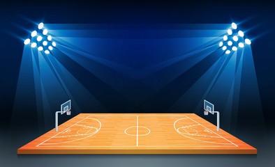 Basketball arena field with bright stadium lights design. Vector illumination