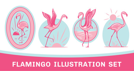 Wall Mural - vector collection of pink flamingos illustration, emblem, print designs
