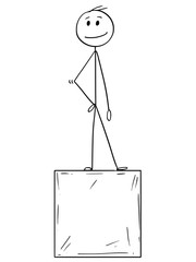 Sticker - Cartoon stick drawing conceptual illustration of man or businessman standing on box or cube.