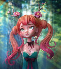 3d cartoon character red-haired girl walking through the forest. Dreaming girl with two tails wearing floral antlers. Forest girl with green eyes. Deer girl. Druid girl. Ginger girl. 3d rendering.