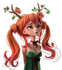 3d cartoon character red-haired girl in a green dress. Dreaming girl with two tails wearing floral antlers. Princess of the forest. Druid girl. Deer girl. Ginger girl. 3d rendering on white background