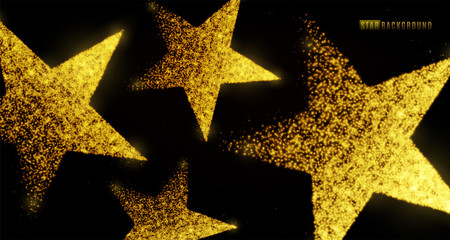 Wall Mural - star background design with glowing particles isolated on dark black backdrop. light golden star sha