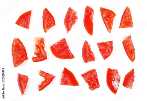 Fresh red tomato slices, set and collection isolated on white background, top vi Poster