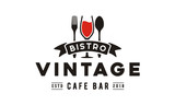 Fototapeta  - Wine Glass Spoon Fork Restaurant Vintage Retro Bar Bistro with Ribbon Logo design 