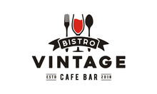 Wine Glass Spoon Fork Restaurant Vintage Retro Bar Bistro With Ribbon Logo Design 