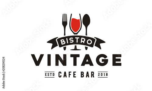 Fotografía Wine Glass Spoon Fork Restaurant Vintage Retro Bar Bistro with Ribbon Logo desig