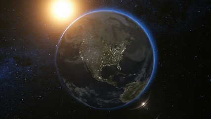 space view on planet earth and sun star rotating on its axis in black universe. seamless loop with d