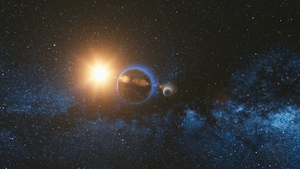 Wall Mural - sunrise view from space on planet earth and moon rotating in space. blue sky milky way with thousand