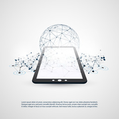Poster - Digital Network Connections, Mobile Technology Background - Cloud Computing Design Concept with Transparent Geometric Wireframe 