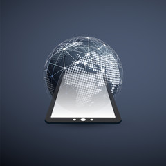 Poster - Digital Network Connections, Technology Background - Cloud Computing Design Concept with Transparent Geometric Wireframe and Earth Globe