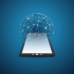 Poster - Digital Network Connections, Mobile Technology Background - Cloud Computing Design Concept with Transparent Geometric Wireframe 